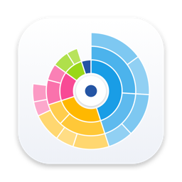 App-Symbol von DiskDonut: farbige Ringsegmente in Blau, Amber, Pink, Lime und Deep Blue auf weißem Grund