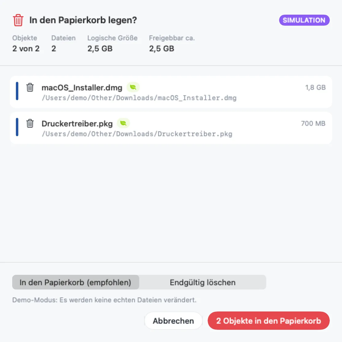 Dialog „In den Papierkorb legen?“ mit zwei Installern als Aufräumkandidaten und Xcode.app, das mit dem Hinweis „Vorsicht“ automatisch ausgeschlossen wird