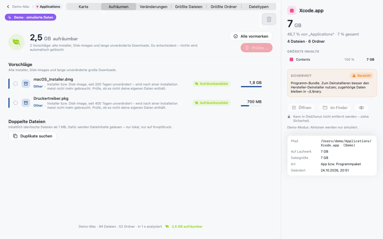 Ansicht „Aufräumen“: 2,5 GB Vorschläge – alte Installer mit Begründung – und die Suche nach doppelten Dateien