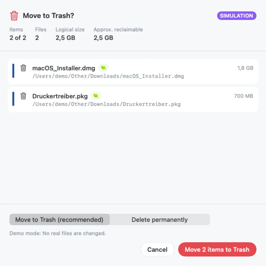 “Move to Trash?” dialog with two installers as cleanup candidates and Xcode.app, which is excluded automatically with a “Caution” note