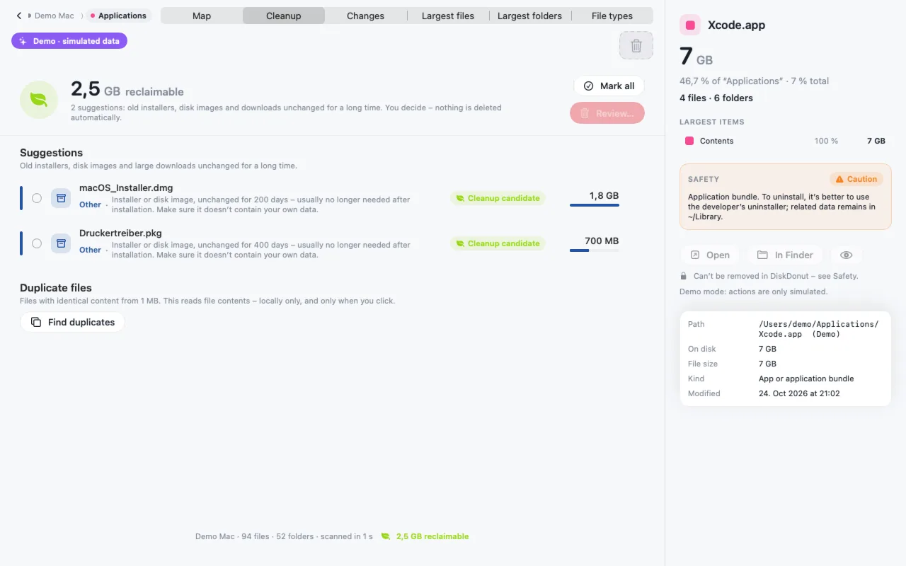 The “Cleanup” view: 2.5 GB of suggestions – old installers with reasons – and the duplicate finder