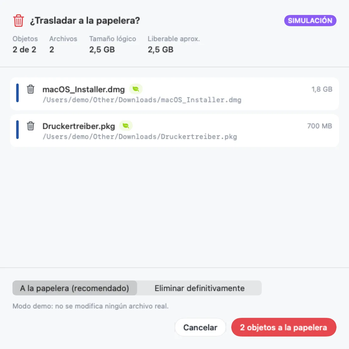 Diálogo «¿Trasladar a la papelera?» con dos instaladores para limpiar y Xcode.app, que se excluye automáticamente con el aviso «Precaución»