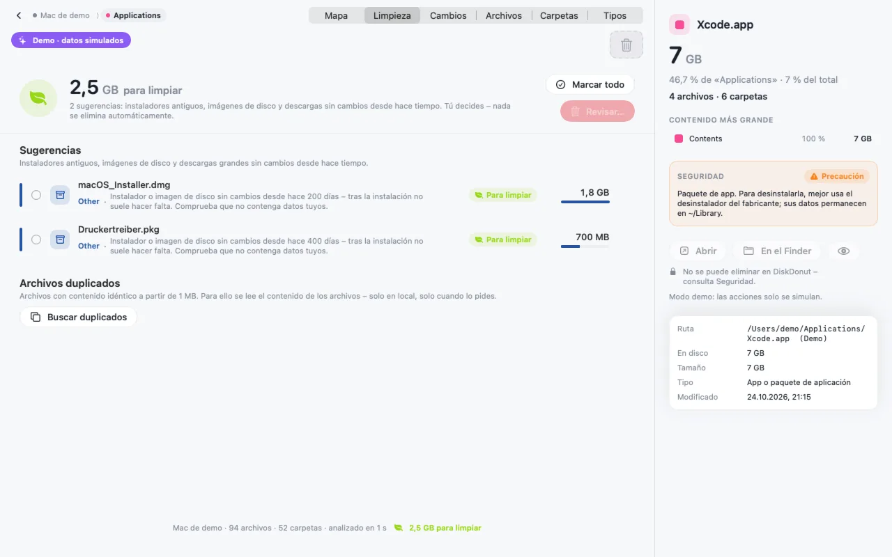 Vista «Limpieza»: 2,5 GB de sugerencias – instaladores antiguos con motivo – y la búsqueda de duplicados