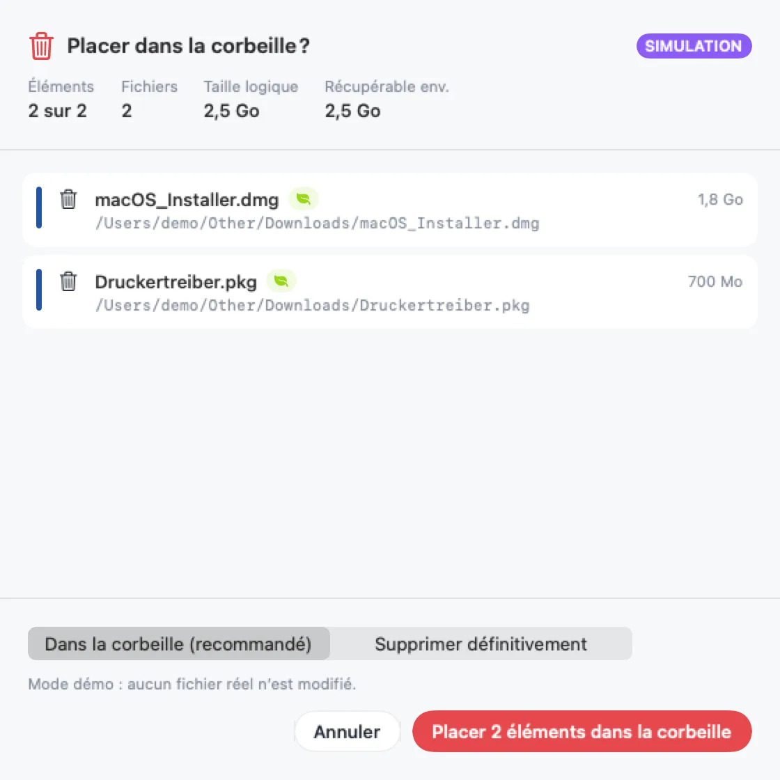 Dialogue « Placer dans la corbeille ? » avec deux installeurs à nettoyer et Xcode.app, exclu automatiquement avec la mention « Prudence »