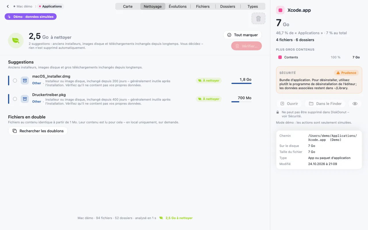 Vue « Nettoyage » : 2,5 Go de suggestions – anciens installeurs avec justification – et la recherche de doublons
